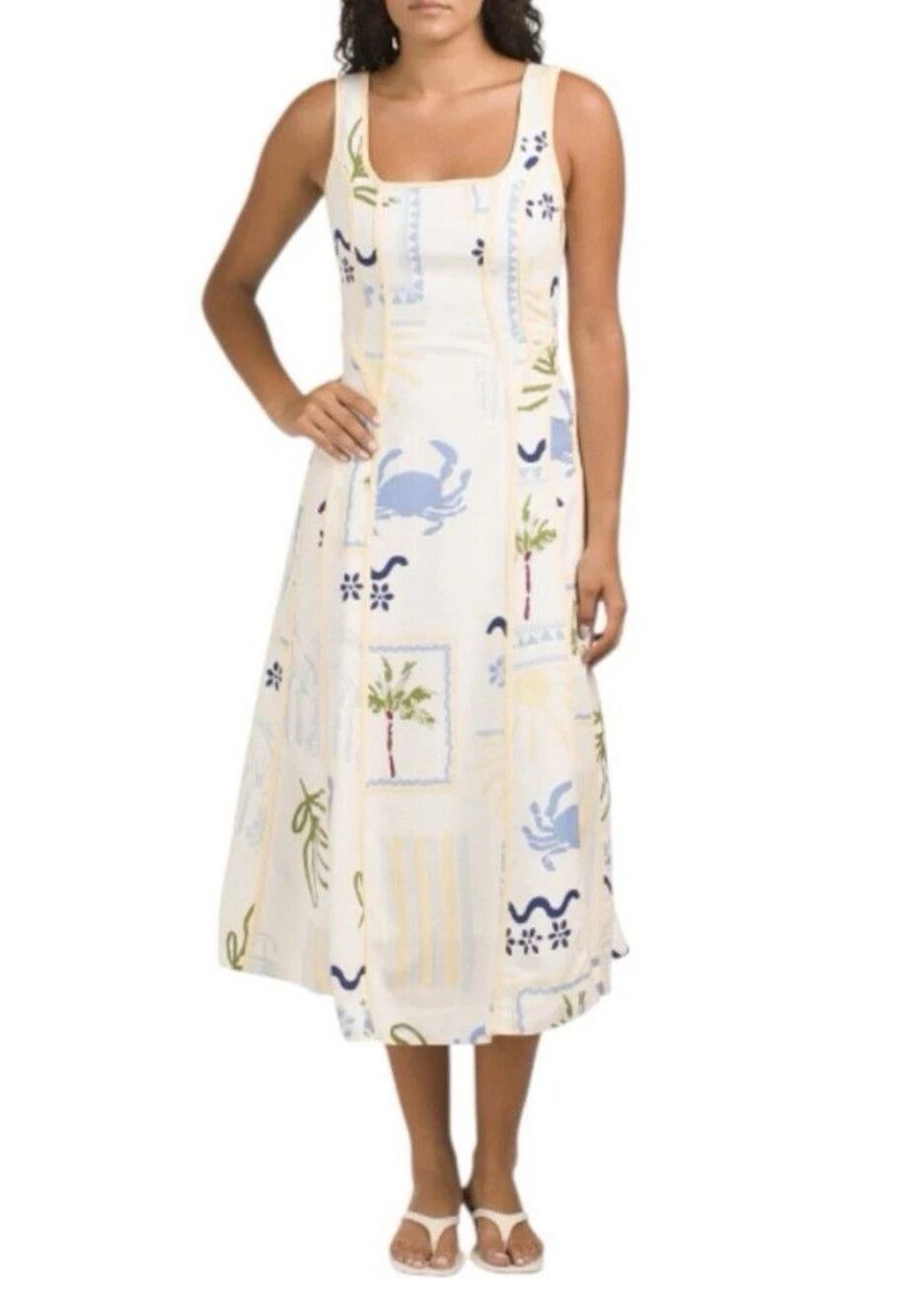 Caroline Constas women White Coastal Crab Print Linen Blend Midi Dress size XS
